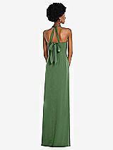 Rear View Thumbnail - Vineyard Green Draped Satin Grecian Column Gown with Convertible Straps