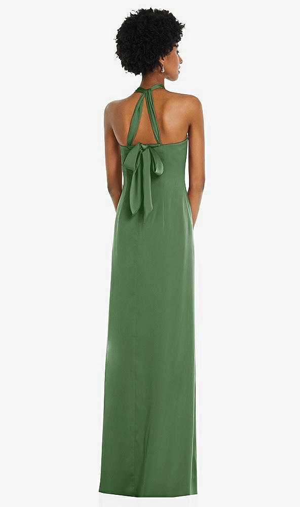 Back View - Vineyard Green Draped Satin Grecian Column Gown with Convertible Straps