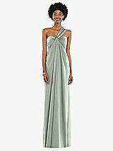 Alt View 7 Thumbnail - Willow Green Draped Satin Grecian Column Gown with Convertible Straps
