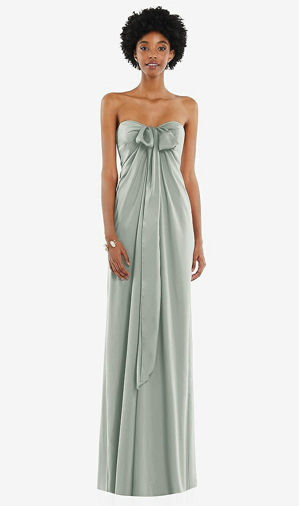 Front View - Willow Green Draped Satin Grecian Column Gown with Convertible Straps