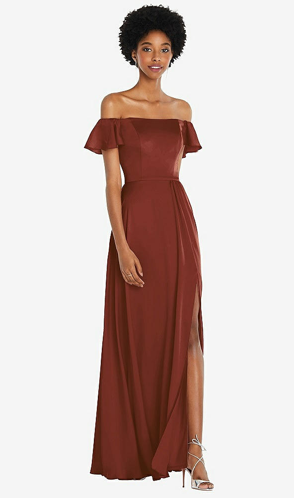 Front View - Auburn Moon Straight-Neck Ruffled Off-the-Shoulder Satin Maxi Dress