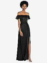Front View Thumbnail - Black Straight-Neck Ruffled Off-the-Shoulder Satin Maxi Dress