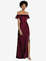 Front View Thumbnail - Cabernet Straight-Neck Ruffled Off-the-Shoulder Satin Maxi Dress