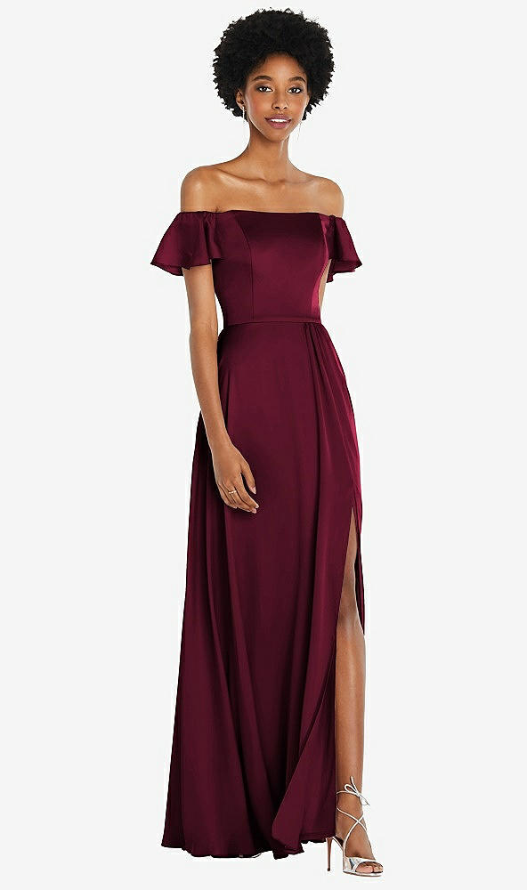Front View - Cabernet Straight-Neck Ruffled Off-the-Shoulder Satin Maxi Dress