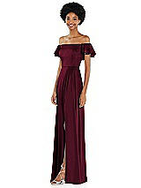 Side View Thumbnail - Cabernet Straight-Neck Ruffled Off-the-Shoulder Satin Maxi Dress