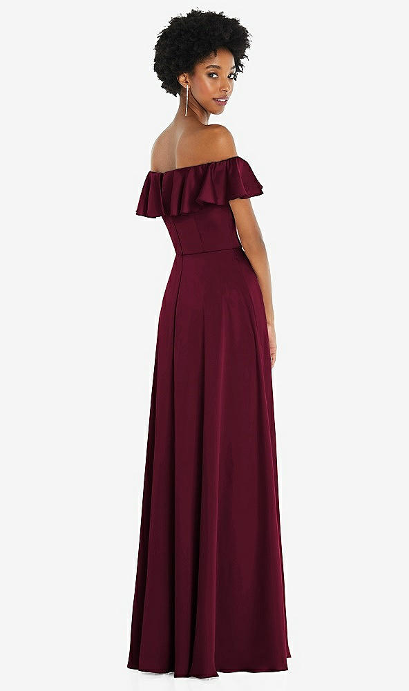 Back View - Cabernet Straight-Neck Ruffled Off-the-Shoulder Satin Maxi Dress