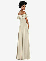 Rear View Thumbnail - Champagne Straight-Neck Ruffled Off-the-Shoulder Satin Maxi Dress