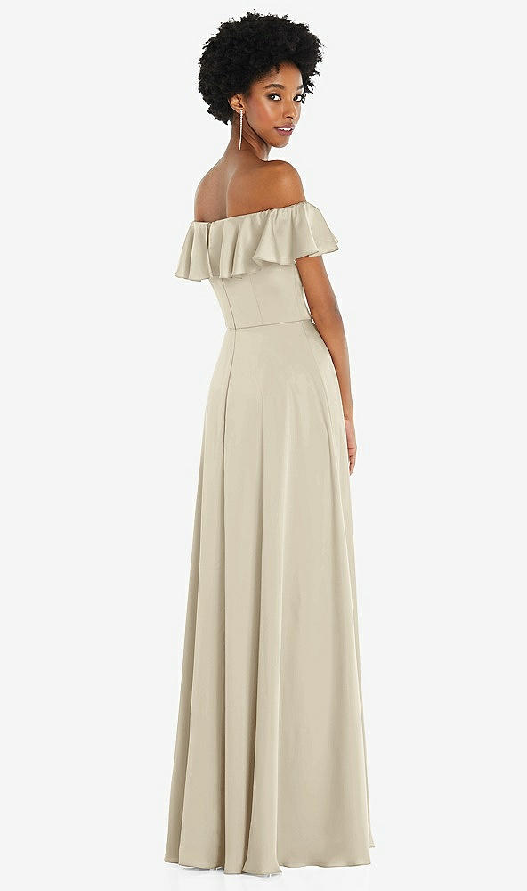 Back View - Champagne Straight-Neck Ruffled Off-the-Shoulder Satin Maxi Dress