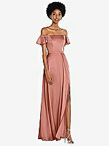 Front View Thumbnail - Desert Rose Straight-Neck Ruffled Off-the-Shoulder Satin Maxi Dress