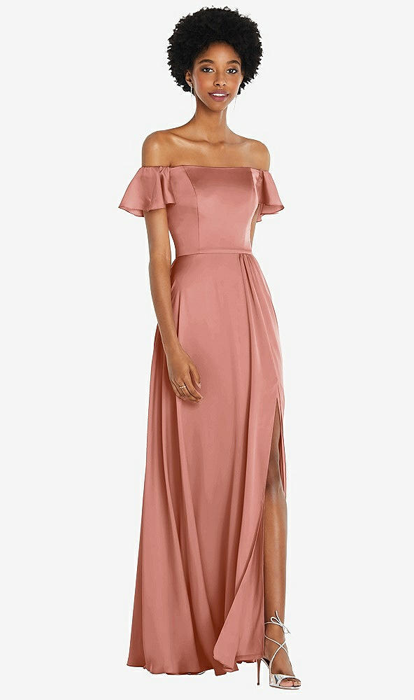 Front View - Desert Rose Straight-Neck Ruffled Off-the-Shoulder Satin Maxi Dress