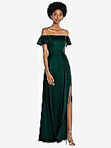 Front View Thumbnail - Evergreen Straight-Neck Ruffled Off-the-Shoulder Satin Maxi Dress