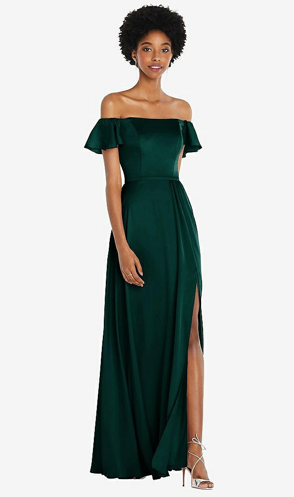 Front View - Evergreen Straight-Neck Ruffled Off-the-Shoulder Satin Maxi Dress