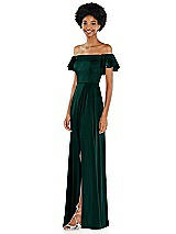 Side View Thumbnail - Evergreen Straight-Neck Ruffled Off-the-Shoulder Satin Maxi Dress