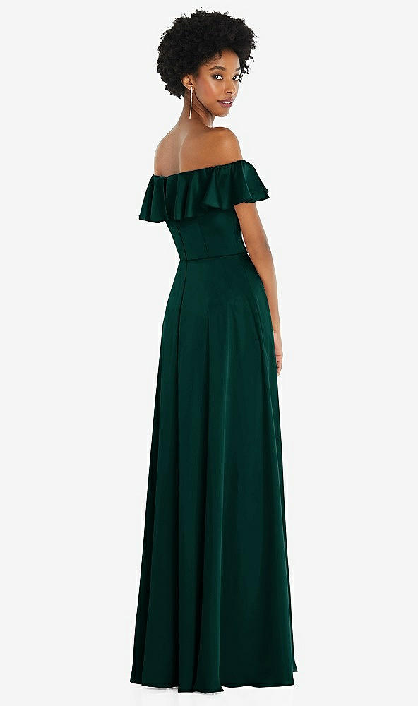 Back View - Evergreen Straight-Neck Ruffled Off-the-Shoulder Satin Maxi Dress