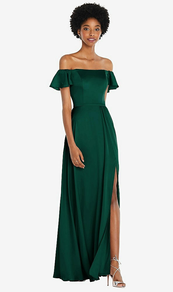 Front View - Hunter Green Straight-Neck Ruffled Off-the-Shoulder Satin Maxi Dress