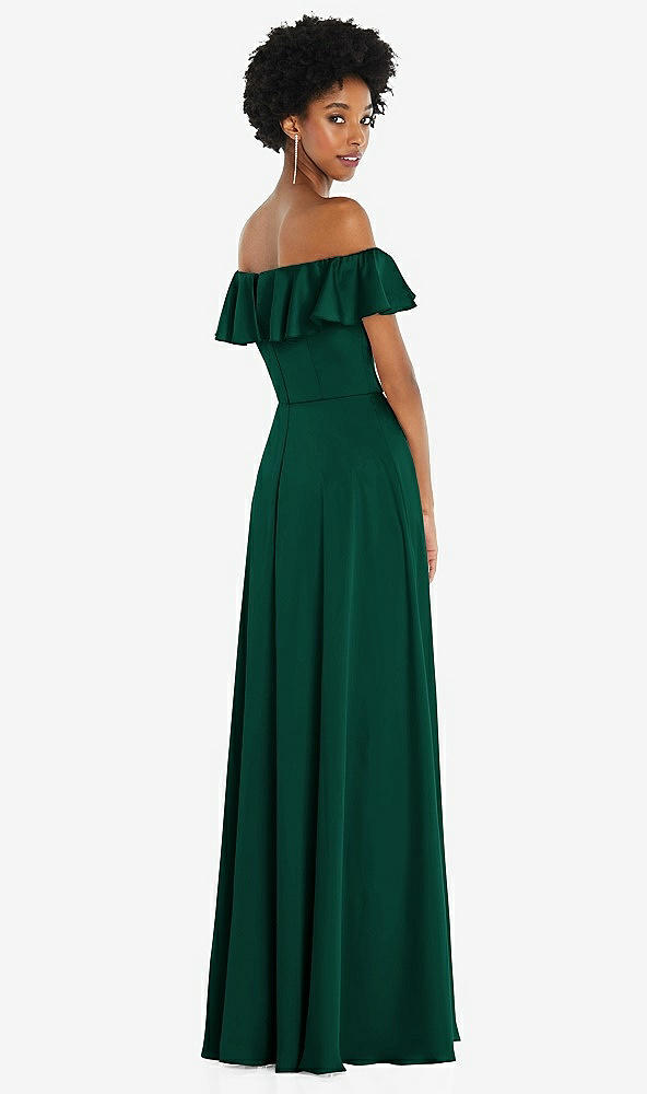 Back View - Hunter Green Straight-Neck Ruffled Off-the-Shoulder Satin Maxi Dress