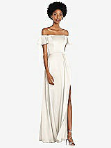 Front View Thumbnail - Ivory Straight-Neck Ruffled Off-the-Shoulder Satin Maxi Dress