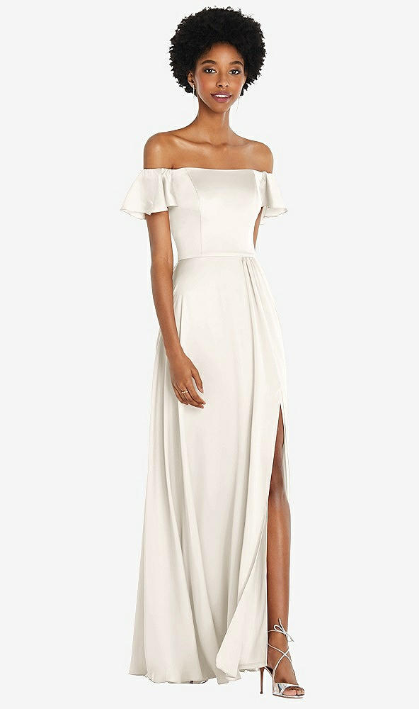 Front View - Ivory Straight-Neck Ruffled Off-the-Shoulder Satin Maxi Dress