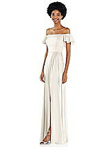 Side View Thumbnail - Ivory Straight-Neck Ruffled Off-the-Shoulder Satin Maxi Dress