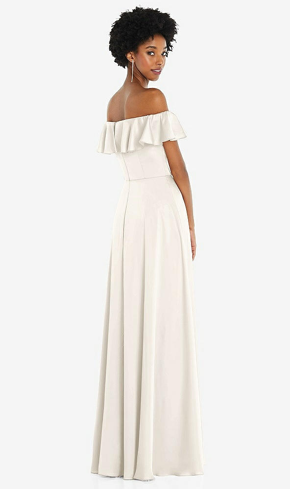 Back View - Ivory Straight-Neck Ruffled Off-the-Shoulder Satin Maxi Dress