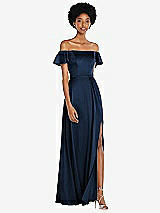 Front View Thumbnail - Midnight Navy Straight-Neck Ruffled Off-the-Shoulder Satin Maxi Dress