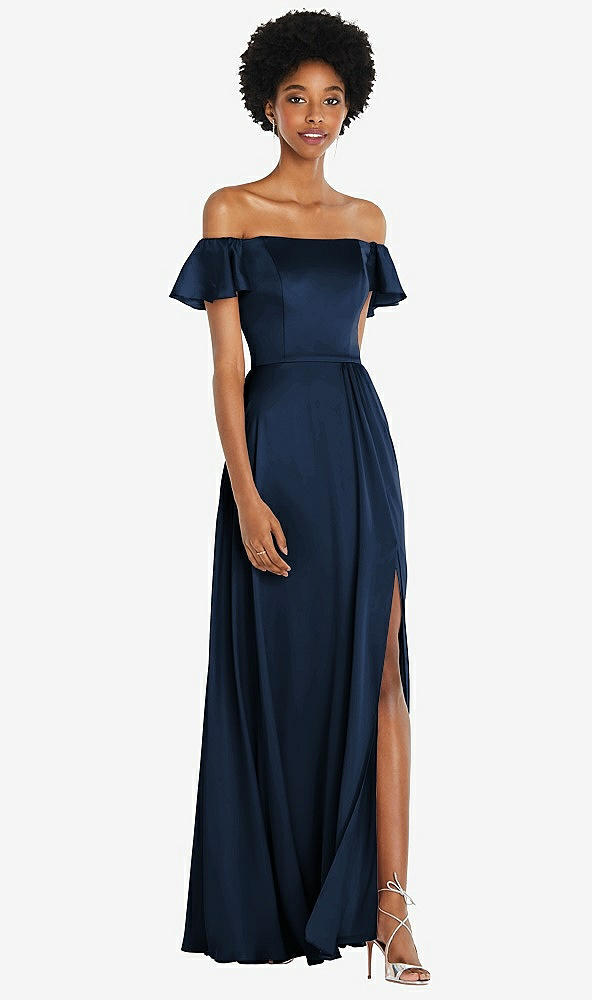 Front View - Midnight Navy Straight-Neck Ruffled Off-the-Shoulder Satin Maxi Dress