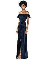 Side View Thumbnail - Midnight Navy Straight-Neck Ruffled Off-the-Shoulder Satin Maxi Dress