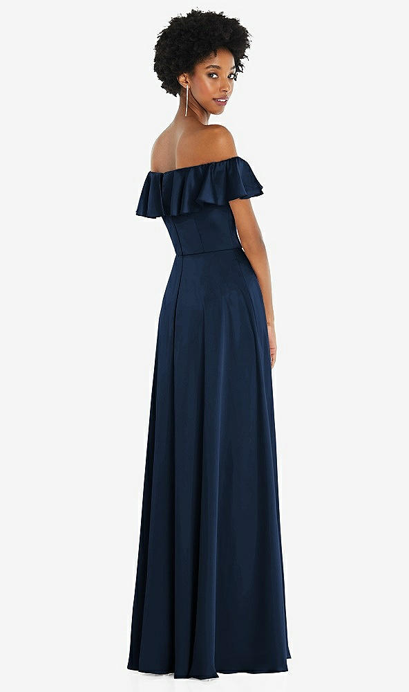 Back View - Midnight Navy Straight-Neck Ruffled Off-the-Shoulder Satin Maxi Dress