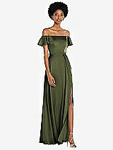 Front View Thumbnail - Olive Green Straight-Neck Ruffled Off-the-Shoulder Satin Maxi Dress