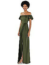 Side View Thumbnail - Olive Green Straight-Neck Ruffled Off-the-Shoulder Satin Maxi Dress