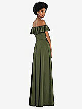 Rear View Thumbnail - Olive Green Straight-Neck Ruffled Off-the-Shoulder Satin Maxi Dress