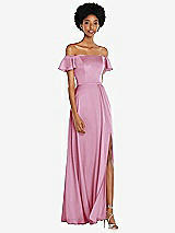 Front View Thumbnail - Powder Pink Straight-Neck Ruffled Off-the-Shoulder Satin Maxi Dress