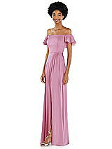 Side View Thumbnail - Powder Pink Straight-Neck Ruffled Off-the-Shoulder Satin Maxi Dress