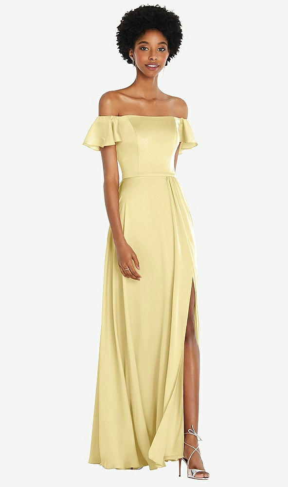 Front View - Pale Yellow Straight-Neck Ruffled Off-the-Shoulder Satin Maxi Dress