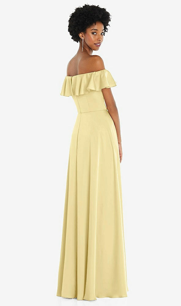 Back View - Pale Yellow Straight-Neck Ruffled Off-the-Shoulder Satin Maxi Dress