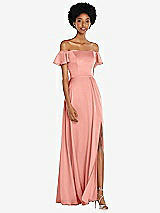 Front View Thumbnail - Rose - PANTONE Rose Quartz Straight-Neck Ruffled Off-the-Shoulder Satin Maxi Dress