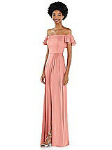 Side View Thumbnail - Rose - PANTONE Rose Quartz Straight-Neck Ruffled Off-the-Shoulder Satin Maxi Dress