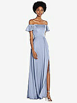 Front View Thumbnail - Sky Blue Straight-Neck Ruffled Off-the-Shoulder Satin Maxi Dress