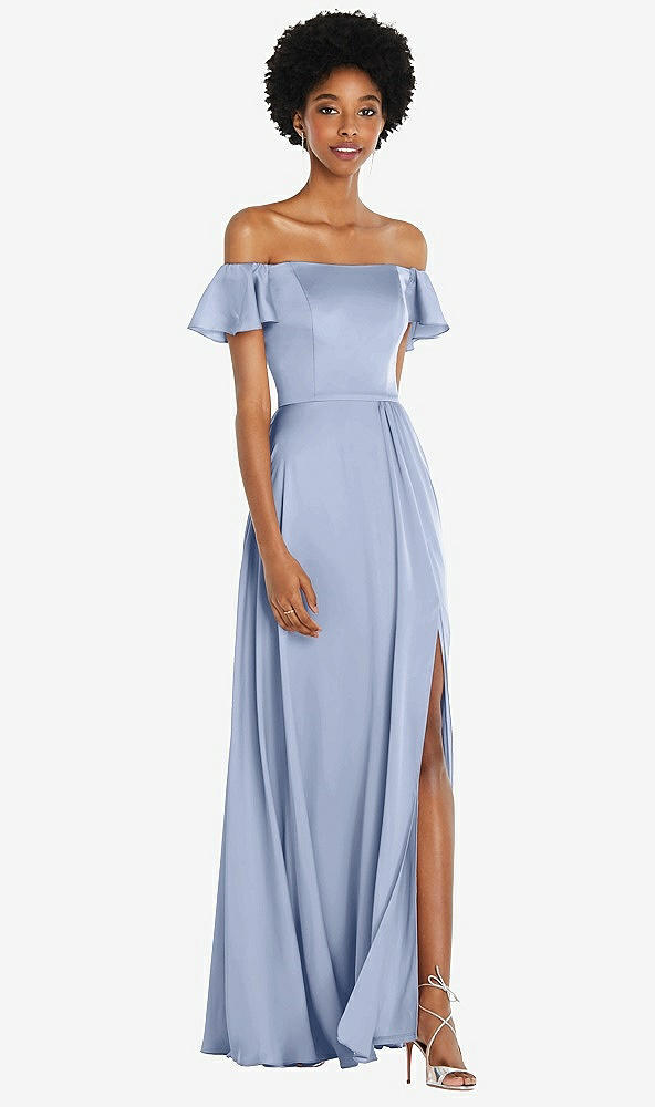 Front View - Sky Blue Straight-Neck Ruffled Off-the-Shoulder Satin Maxi Dress