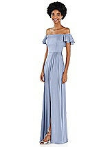 Side View Thumbnail - Sky Blue Straight-Neck Ruffled Off-the-Shoulder Satin Maxi Dress