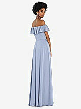 Rear View Thumbnail - Sky Blue Straight-Neck Ruffled Off-the-Shoulder Satin Maxi Dress