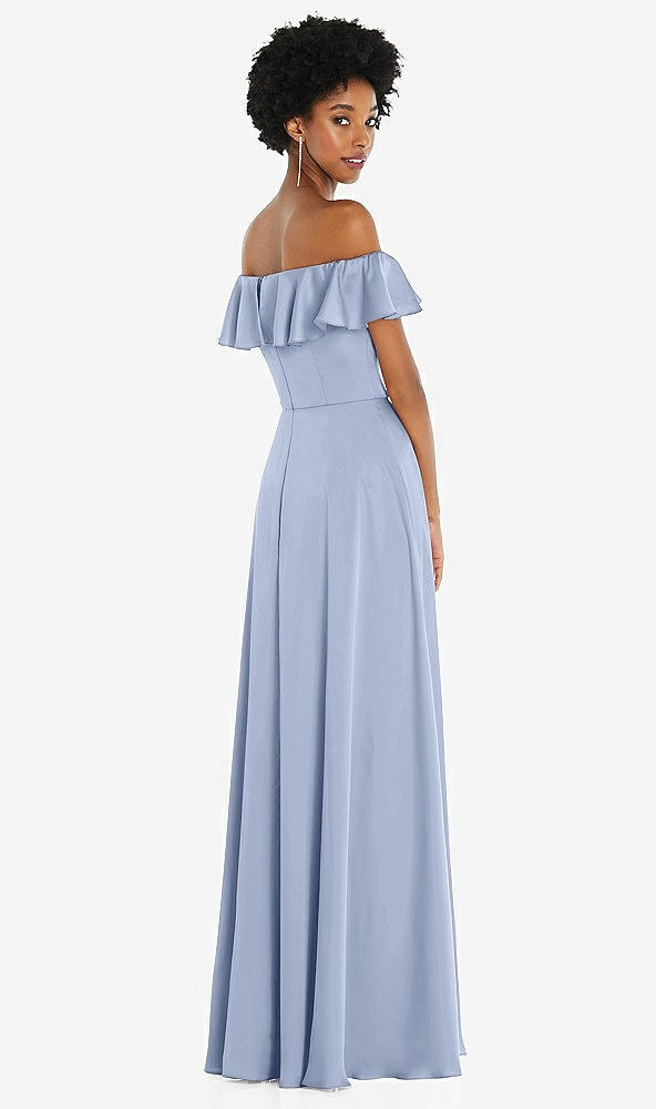 Back View - Sky Blue Straight-Neck Ruffled Off-the-Shoulder Satin Maxi Dress
