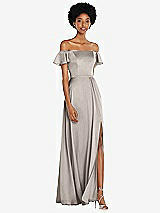 Front View Thumbnail - Taupe Straight-Neck Ruffled Off-the-Shoulder Satin Maxi Dress