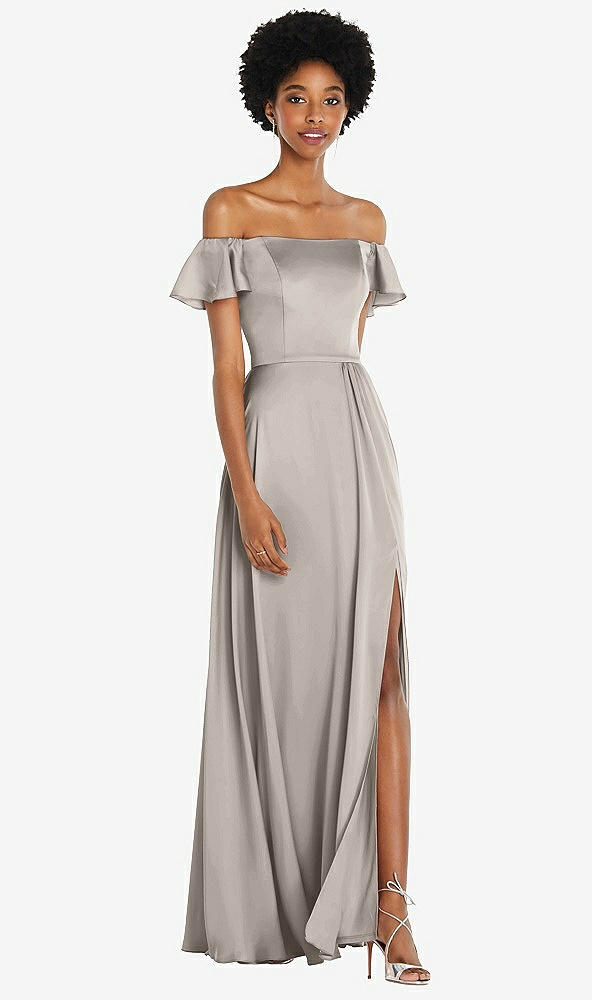 Front View - Taupe Straight-Neck Ruffled Off-the-Shoulder Satin Maxi Dress