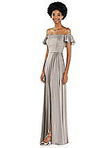 Side View Thumbnail - Taupe Straight-Neck Ruffled Off-the-Shoulder Satin Maxi Dress