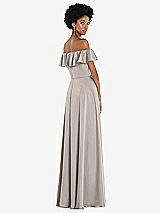 Rear View Thumbnail - Taupe Straight-Neck Ruffled Off-the-Shoulder Satin Maxi Dress