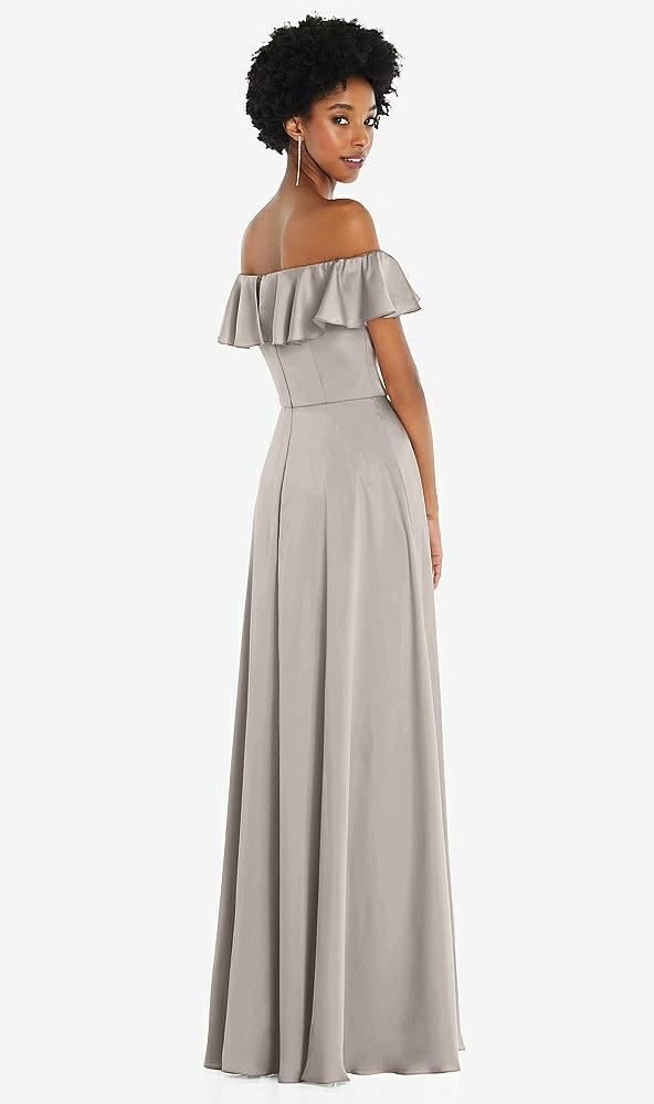 Back View - Taupe Straight-Neck Ruffled Off-the-Shoulder Satin Maxi Dress