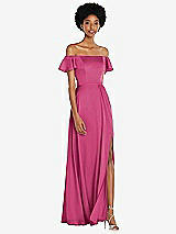 Front View Thumbnail - Tea Rose Straight-Neck Ruffled Off-the-Shoulder Satin Maxi Dress