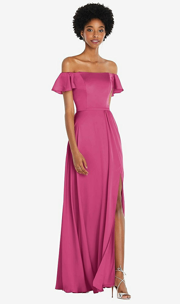 Front View - Tea Rose Straight-Neck Ruffled Off-the-Shoulder Satin Maxi Dress