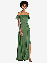 Front View Thumbnail - Vineyard Green Straight-Neck Ruffled Off-the-Shoulder Satin Maxi Dress